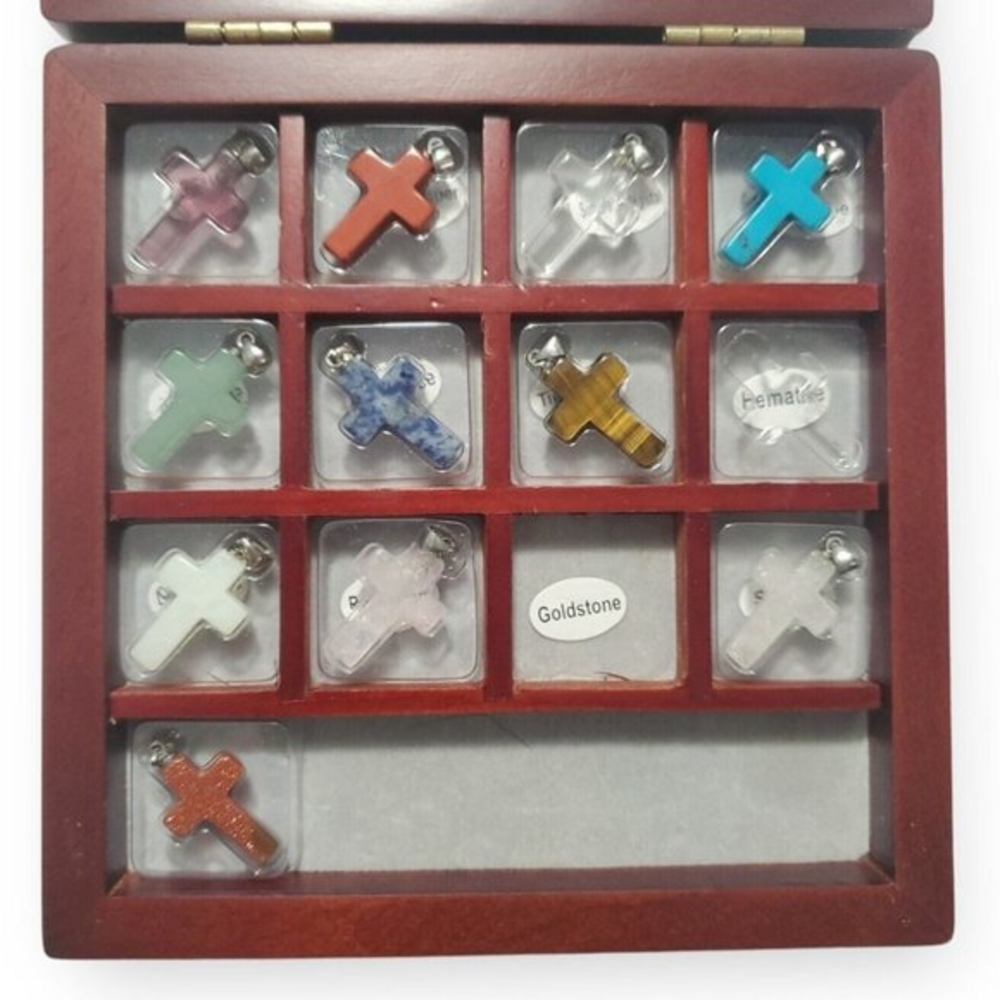 Various Natural Gemstone Cross Pendant Christian Gift Set of‎ 11 with Wood Case